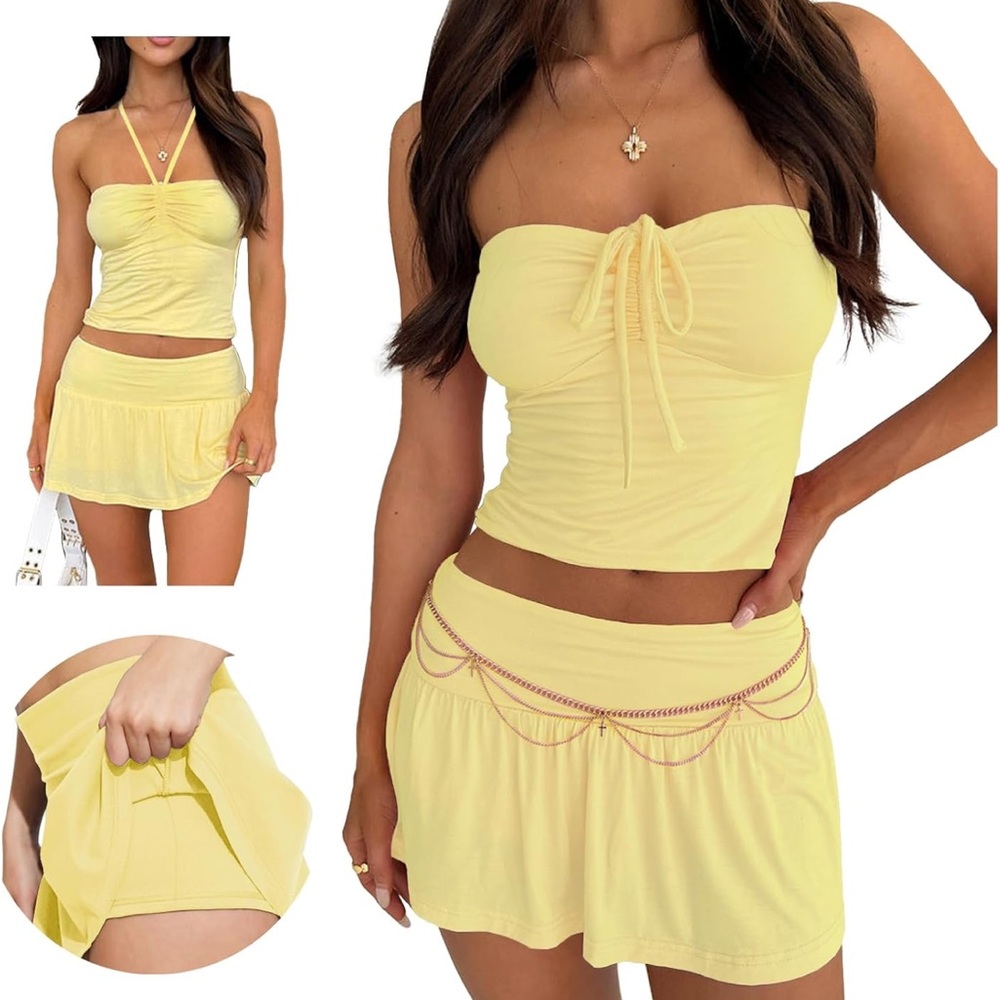 Yellow Strapless Top and Skirt Set